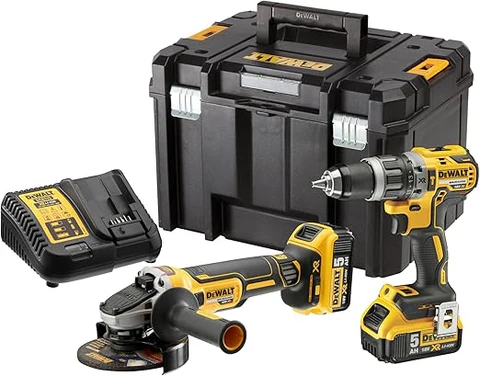 DEWALT DCK2080P2T-QW - Kit XR 18V con Taladro Percutor XR 18V DCD796, Amoladora XR 18V DCG405, 2 Baterías carril de litio 5Ah DCB184 y Maletín TSTAK II